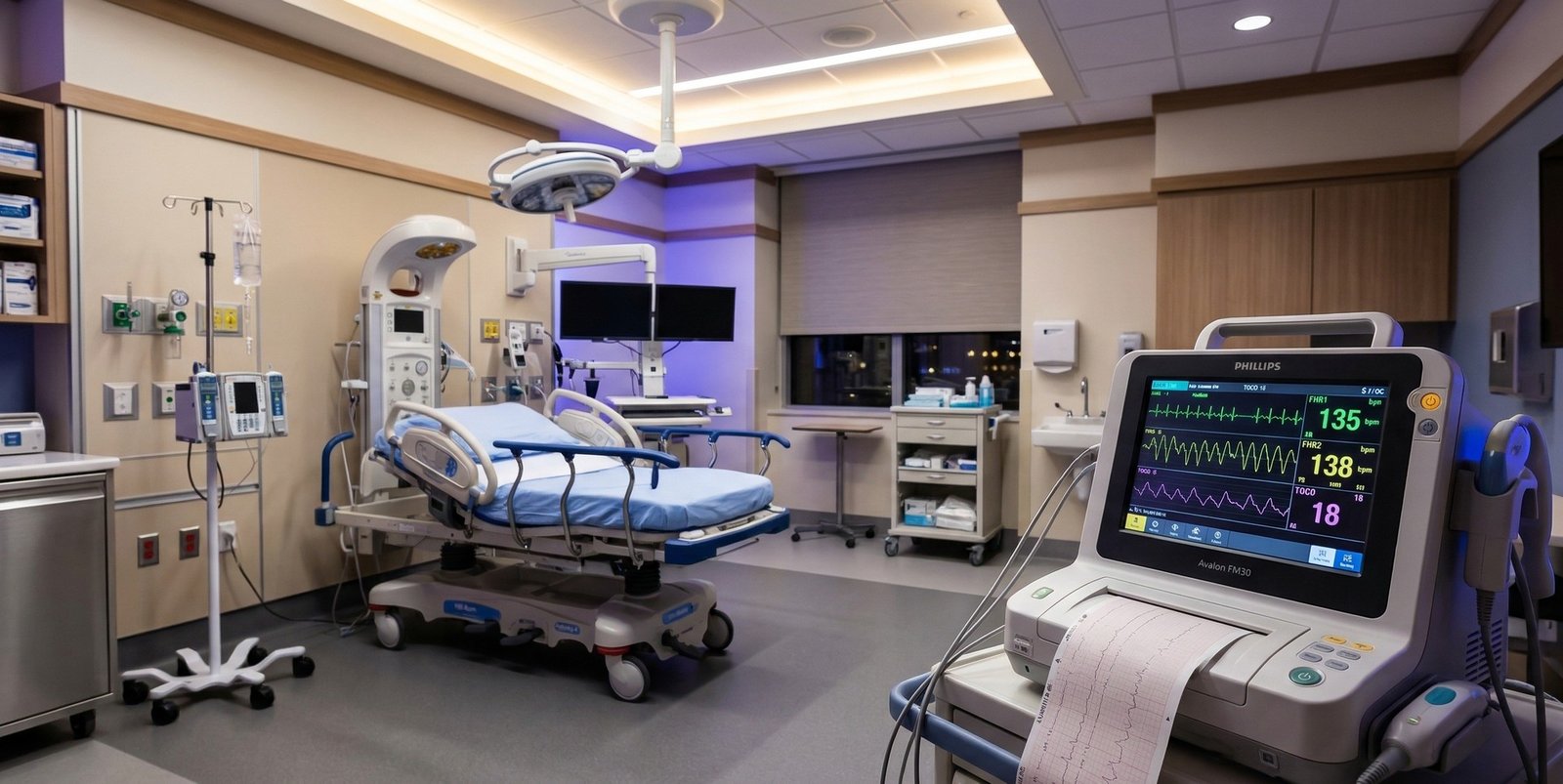 Sala parto moderna con monitor CTG fetale in ospedale privato